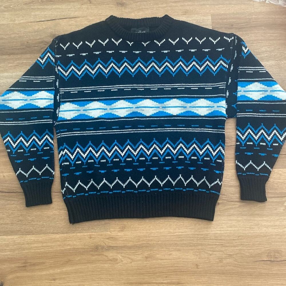 Vintage 80s Aspen Lid Blue Black White Nordic Acrylic Wool Knit Sweater sz Large